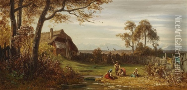 Children Playing In The Farm Garden Oil Painting - Eduard Schleich the Elder