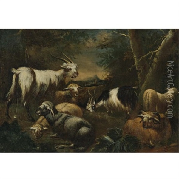 Goats And Sheep In A Landscape Oil Painting - Jan Thomas I Roos