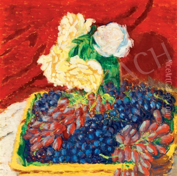 Studio Still Life With A Red Drapery (grapes And Roses) Oil Painting - Jozsef Rippl-Ronai