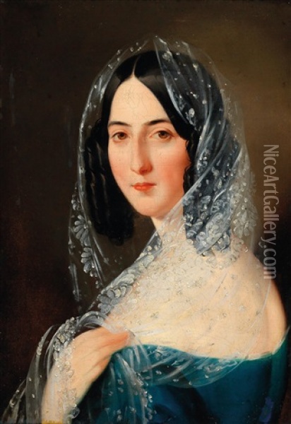 Portrait Of A Lady With White Lace Veil Oil Painting - Mihael Stroj