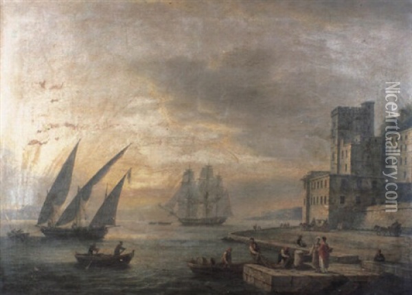 A View Of The Bay Of Naples From Posilippo With Elegant     Figures On The Quayside Before Sannazar's Tower... Oil Painting - Thomas Luny