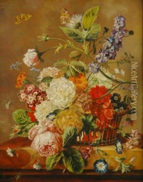 Basket Of Flowers With Butterflies Oil Painting - Jan Van Huysum