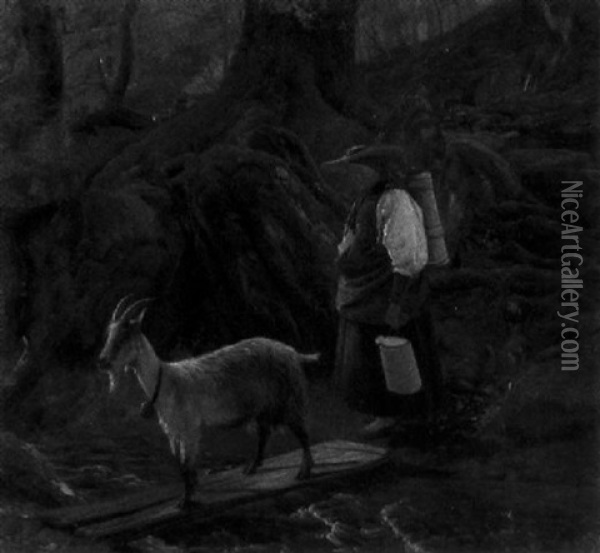 Ziegenhirtin An Einem Waldigen Bachlauf Oil Painting - Rudolf Von Normann