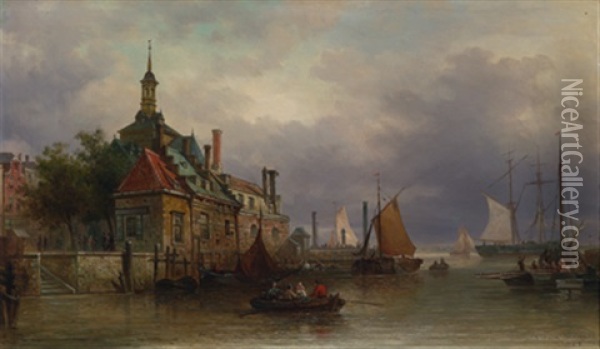 Hafenlandschaft Mit Figurlicher Staffage Oil Painting - Elias Pieter van Bommel