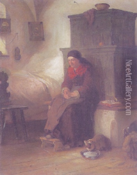 Grosmutter Auf Der Kachelofenbank, Zu Ihren Fusen Eine Kleine Katze Oil Painting - George von Seybold