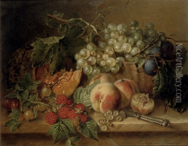 Grapes, Plums, Peaches, Raspberries, Gooseberries And A Pumpkin On A Marble Ledge Oil Painting - Adriana Johanna Haanen