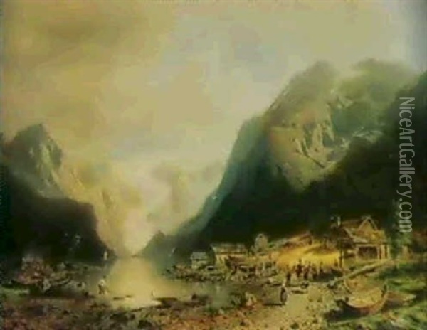 Fisherman's Village On An Alpine Lake Oil Painting - Hermann Herzog