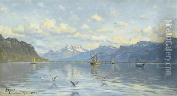 Leman Soen Naer Montreux (lake Leman Near Montreux) Oil Painting - Peder Mork Monsted