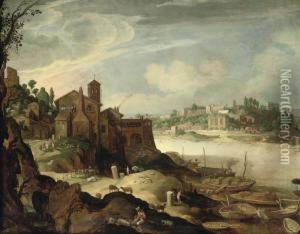 View Of The River Tiber With The Ripa Grande, Rome Oil Painting - Willem van, the Younger Nieulandt