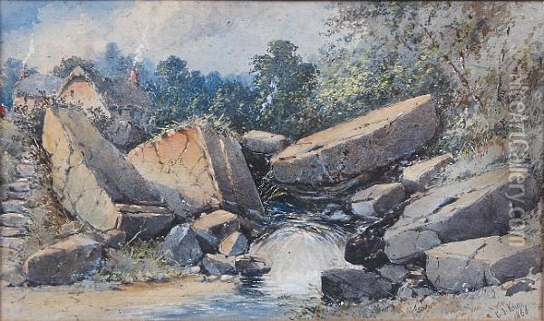 A Mountainous River Landscape With Figure And A Cottage Oil Painting - George Knox