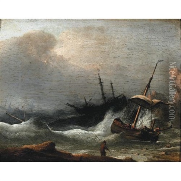 Shipping Offshore In Rough Seas Oil Painting - Aernout (Johann Arnold) Smit