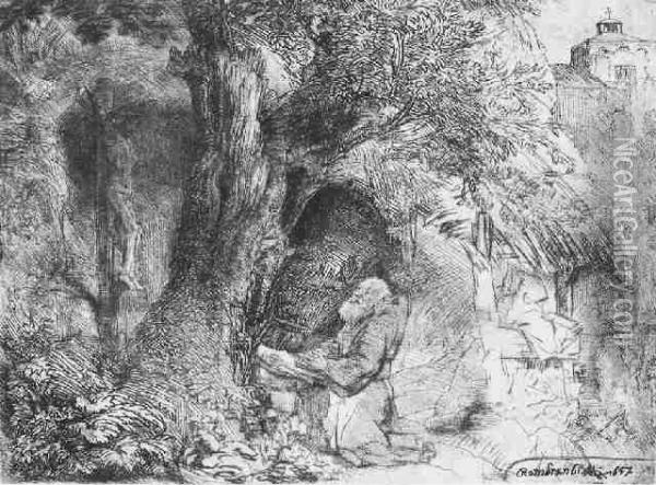 St. Francis Beneath A Tree, Praying (b., Holl.107; H.292; Bb.57-a) Oil Painting - Rembrandt Van Rijn