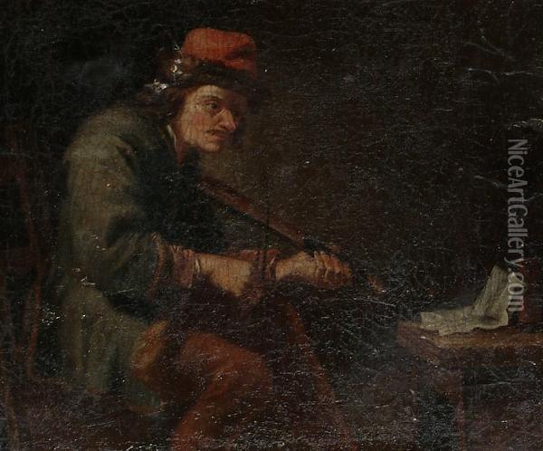 A Man, Seated, Playing A Fiddle. Oil Painting - Jacob Van Toorenvliet