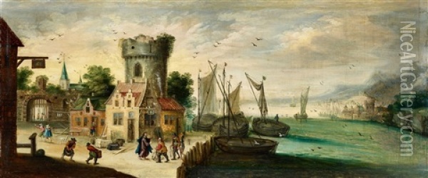 A Panoramic Harbour Scene Oil Painting - Abraham de Verwer