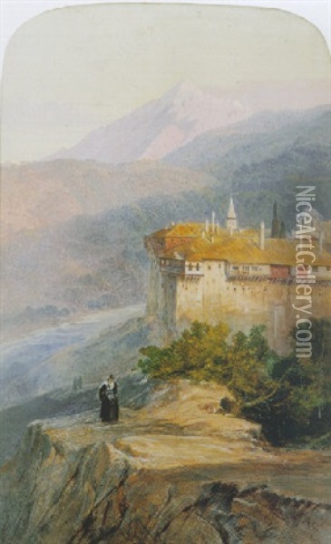 Iviron Monastery, Mount Athos Oil Painting - Edward Lear