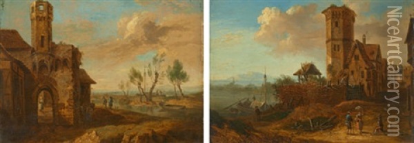 Flusslandschaft Mit Figurenstaffage (+ Another; Pair) Oil Painting - Franz Schuetz