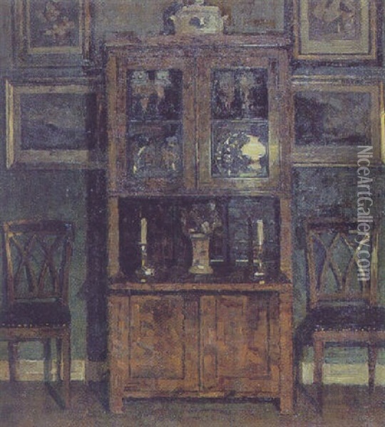 Interior Med Malerier Pa De Gronne Vaegge Oil Painting - Niels Holsoe