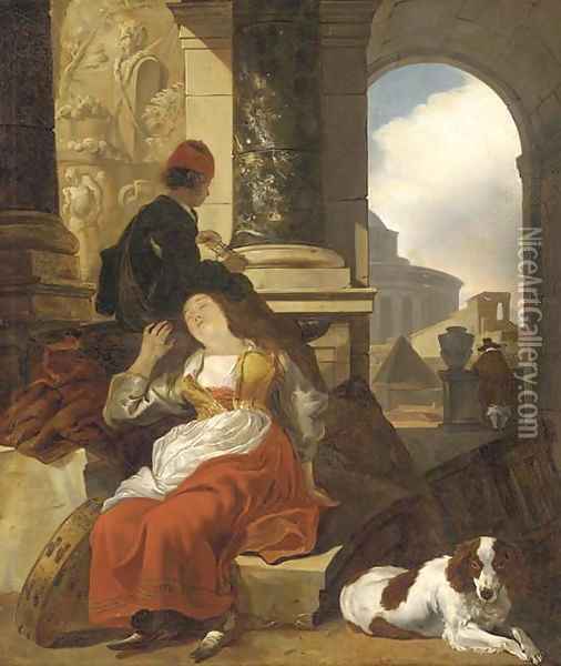 A capriccio of classical ruins with a sleeping tambourine player beside a dog, other figures beyond Oil Painting - Jan Baptist Weenix