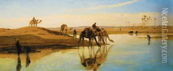Camels Watering Oil Painting - Frederick Goodall