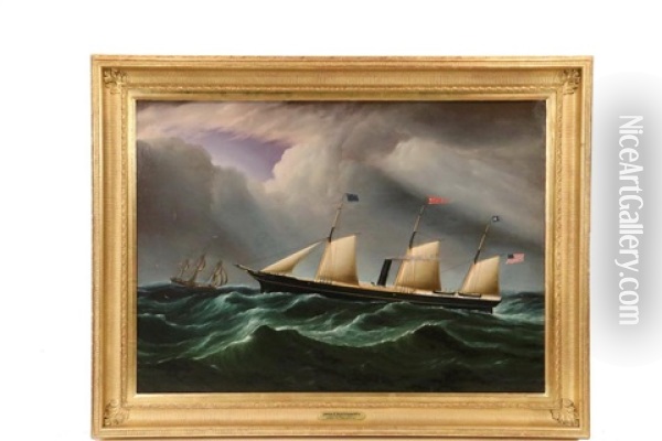 American Steam-sail Ship 'star Of The South', Passing An American Full Rigged Ship At Sea Oil Painting - James Edward Buttersworth