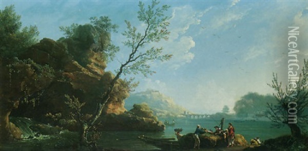 A Rocky River Landscape With Fisherman Unloading Their Catch, An Aqueduct In The Distance Oil Painting - Francesco Fidanza
