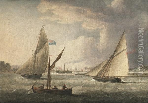Naval Cutters Off A Harbour; A 
Big Cutter Ahead Of A Frigate Trying To Catch The Breeze Offshore Oil Painting - Thomas Buttersworth