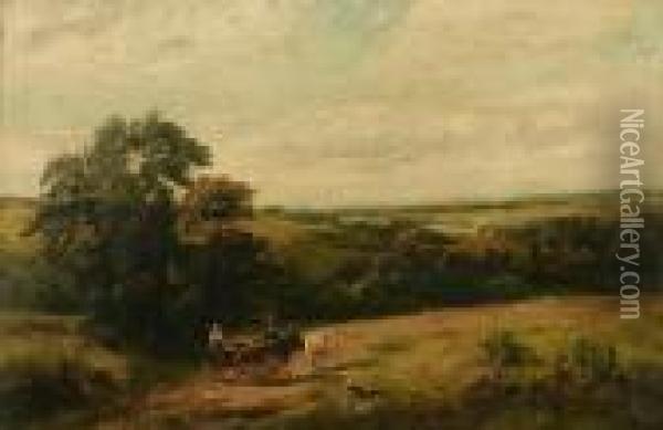 Countryside Landscape With Figures, Horses And Carriage Oil Painting - William Lakin Turner