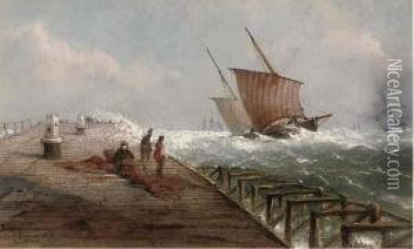 A Breezy Day At The Harbour Mouth Oil Painting - John Connell Ogle