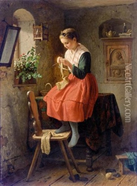 Strickendes Madchen (girl Knitting By A Window) Oil Painting - Johann Georg Meyer von Bremen