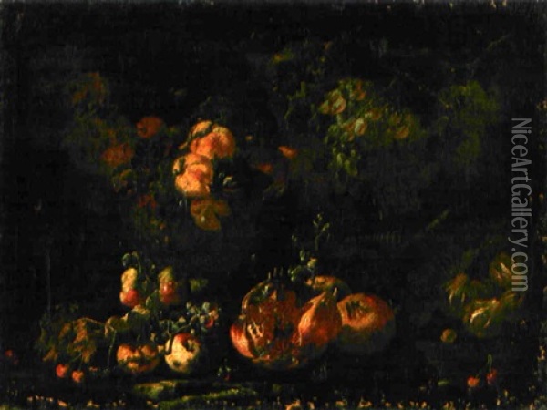 Nature Morte Aux Raisins, Peches Et Grenades Oil Painting - Giovanni Paolo Castelli (lo Spadino)