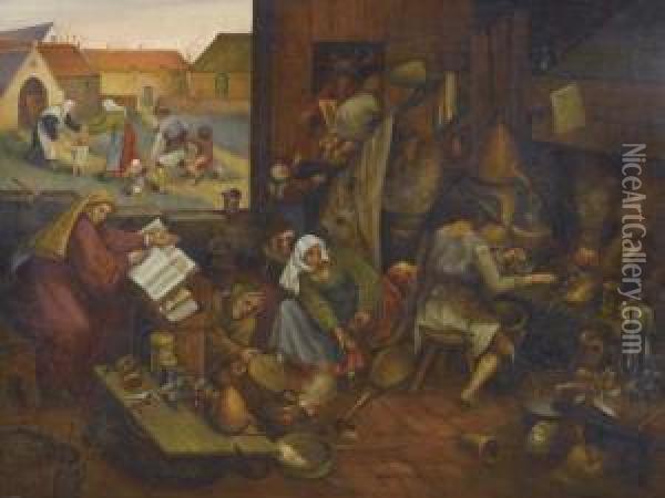 The Alchemist's Room. Oil Painting - Pieter The Elder Brueghel