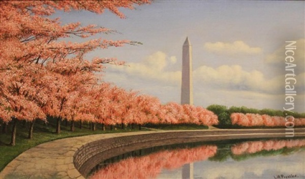 The Tidal Basin With The Monument And Cherry Blossoms Oil Painting - Levi Wells Prentice