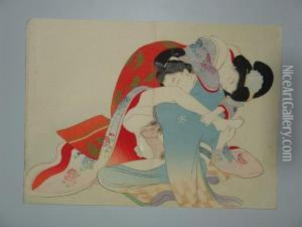 Couple Enlace Oil Painting - Miyagawa Shuntei
