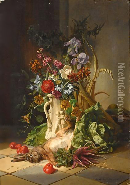 A Kitchen Still Life With Flowers Oil Painting - David Emil Joseph de Noter
