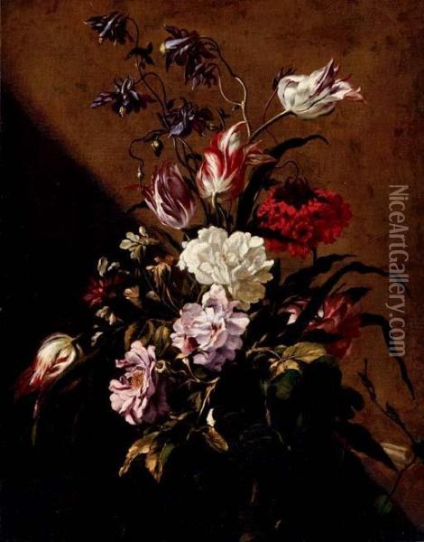 Roses, Tulips, Columbine, A Carnation, Morning Glory And Other Flowers In A Glass Vase Oil Painting - Mario Nuzzi Mario Dei Fiori