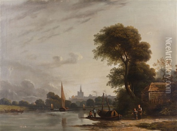 Figures On The Bank Of The River Thames Oil Painting - John Varley the Elder