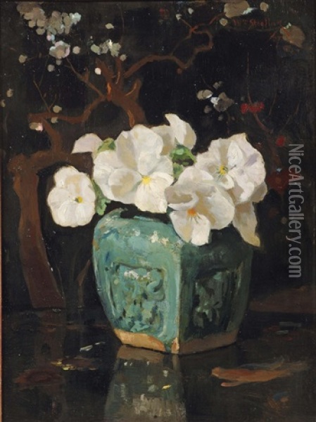 White Violets In A Ginger Jar Oil Painting - Willem Steelink