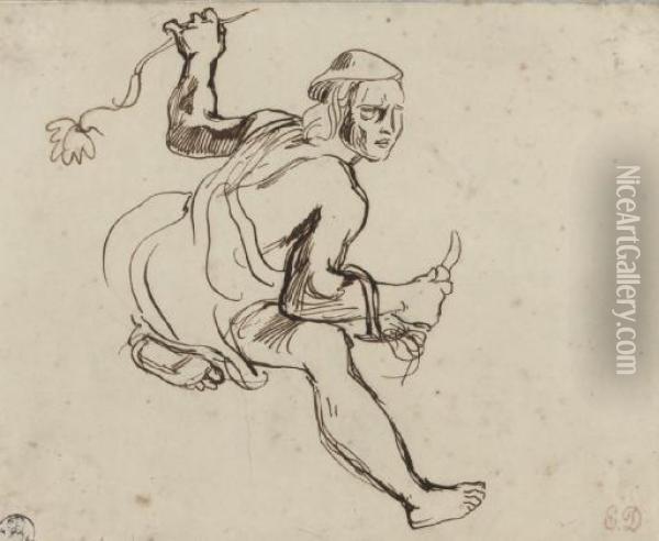 Homme Coiffe D'un Beret Et Tenant Un Couteau Dans La Main Droite Oil Painting - Eugene Delacroix