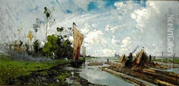 Segelboote Und Flosse Am Flussufer Oil Painting - Hans Peter Feddersen the Younger