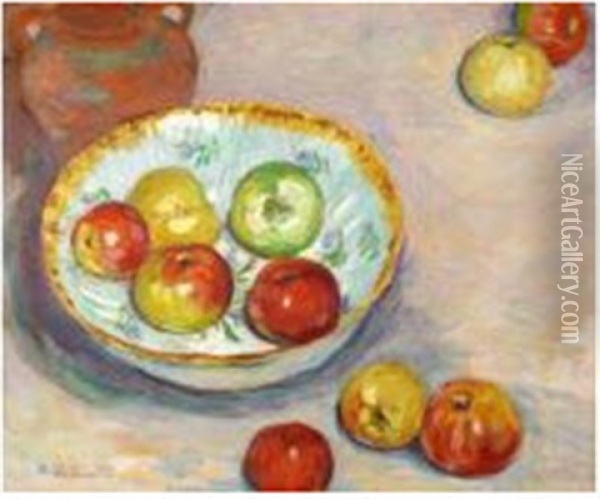 Nature Morte Aux Pommes Et A La Coupe De Faience Oil Painting - Henri Delavallee