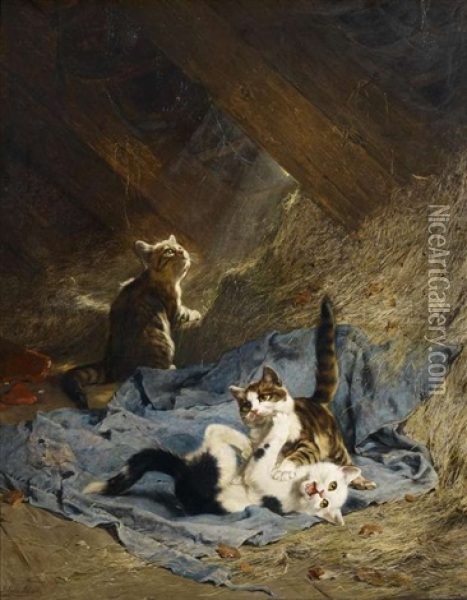 Spielende Katzchen Auf Dem Heuboden Oil Painting - Julius Adam the Younger