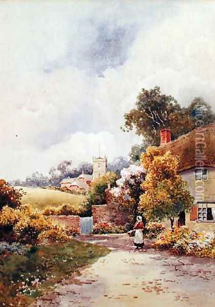 A Country Cottage and Church Oil Painting - F.H. Tyndale