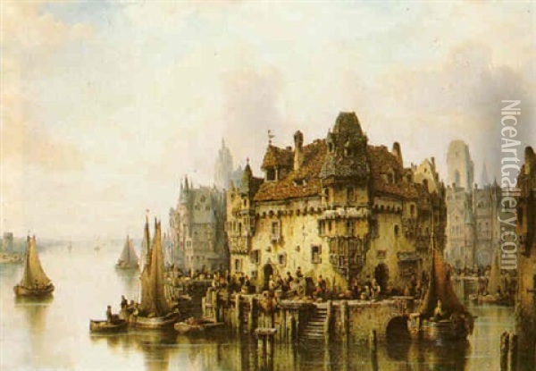 A Town On The Rhine With Numerous Figures On The Quay Oil Painting - Ludwig Hermann