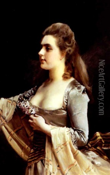 Portrait Of A Woman Holding A Nosegay Oil Painting - Gustave Jean Jacquet