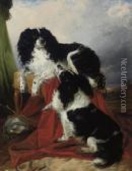 Two King Charles Spaniels In A Landscape Oil Painting - Richard Ansdell
