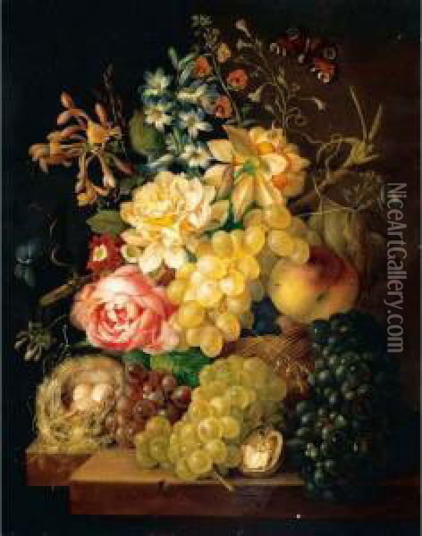 Still Life Of Roses, Honeysuckle
 And Other Flowers With Peaches And Grapes In A Basket, Togther With 
Grapes, Half A Walnut And A Birds Nest Upon A Ledge Oil Painting - Johann Baptist Drechsler