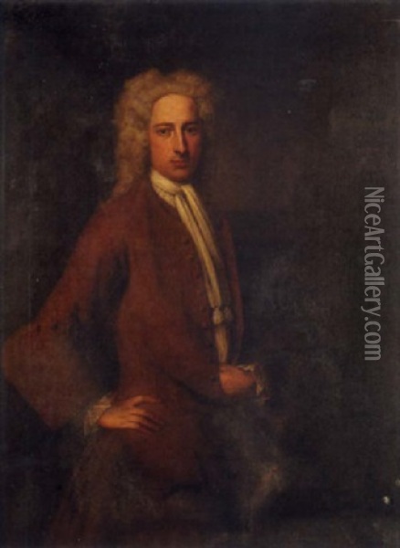 Portrait Of A Gentleman (sir Thomas Gibson Bt.?) Standing In A Brown Coat And A White Cravat Oil Painting - Charles Jervas