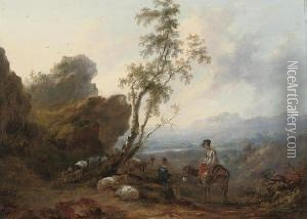 Fisherfolk And Cattle On The Seashore; And A Mountainous Landscapewith Figures And Goats On A Track Oil Painting - Samuel Williamson