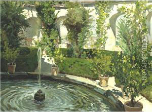 Fountain In A Courtyard Oil Painting - Robert Panitzsch
