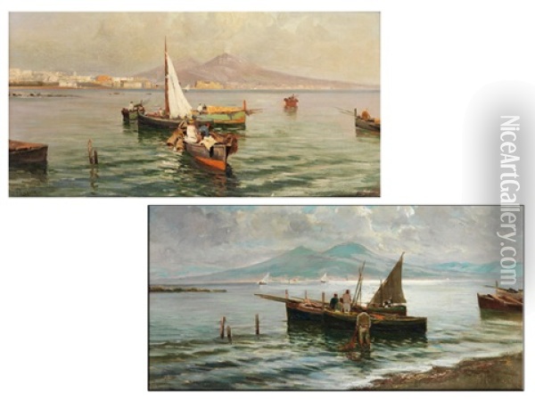 Bucht Von Neapel Mit Fischerbooten (+ Another; Pair) Oil Painting - Lazzaro Pasini